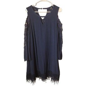 Andree Blue Top Womens Medium Cold Shoulder Tunic Crochet Keyhole